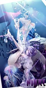 pinjirooo, liberalio (nikke), goddess of victory: nikke, highres, 1girl,  breasts, bubble, cleavage, copyright name, detached sleeves, fish, frilled  skirt, frills, headband, high heels, highleg, highleg leotard, jellyfish,  leotard, medium breasts ...