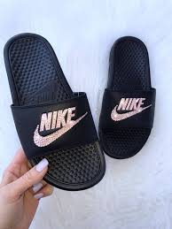 Black And White Nike Slides Womens Swarovski Nike Brand New Womens Swarovski Nike Benassi Jdi Swoosh Slide Sandals Nike Logo Is Customized With Fabulo Nike Slippers Hype Shoes Slides Shoes Nike