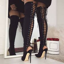 Women Sandals Boots Women Lace Up Thin Heels Sandals Peep Toe Long Boots Plus Size 46 Thigh High Boots Heels Black Thigh High Boots High Boots Outfit