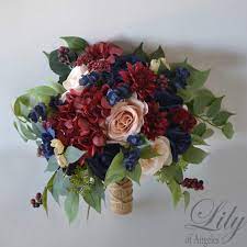 Burgundy artificial flowers 4.5cm silk rose head for wedding party garden decor. Amazon Com Wedding Bouquet Bridal Bouquet Bridesmaid Bouquet Silk Flower Bouquet Wedding Flower Peach Navy Blue Burgundy Blush Lily Of Angeles Handmade