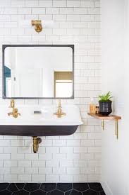 Trough Sink In The Kids Bath Black Floating Trough Sink Black Hexagon Floor Tile White Subway Tile Wall With White Room Tiles Trough Sink Small Bathroom