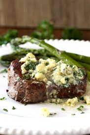 2while the steaks come to room temperature, in a bowl and using a fork, smash together the butter, blue cheese, and parsley. Pan Seared Filet Mignon With Blue Cheese Butter Lemon Blossoms