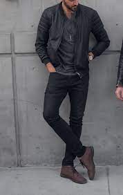 Dark Tones Black Jeans Brown Boots Leather Bomber Jacket Mens Casual Outfits Summer Mens Casual Outfits Mens Outfits