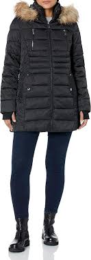 Amazon.com: HFX Women's 3/4 Midweight Puffer Jacket Front Button Off Faux  Fur Trimmed Hood Zippered Chest Pocket Water Resistant 31" Coat, Black,  Large : Clothing, Shoes & Jewelry