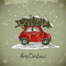 Winter Greeting Card With Red Retro Car Christmas Tree Vintage Animated Christmas Tree Christmas Tree Clipart Christmas Tree Painting