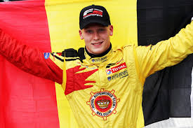 Benjamin Bailly celebrates victory in the second Formula Two race at Zolder 