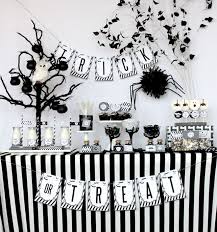 Black And White Halloween Table Decor Black White Stripes For Halloween I Love It See The Full Party Details Diy I White Halloween Party Sophisticated Halloween Party White Party Decorations