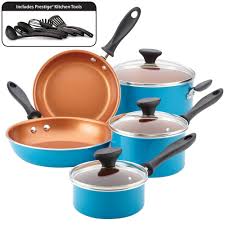 Farberware 14pc Nonstick Copper Ceramic Reliance Pro Cookware Set Aqua In 2020 Ceramic Nonstick Cookware Nonstick Cookware Cookware Set