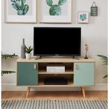 Elise Meuble Tv 2 Portes Style Vintage Chene Clair Et Vert Pastel L 116 X P 39 5 X H 53 5 Cm Meuble Tv Salon Tele Deco Fait Maison