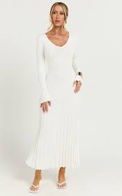 Astra Maxi Dress - V Neck Long Sleeve Knit Dress in White | Showpo USA