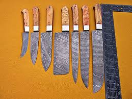 Secure, easy checkout · buyer protection 7 Pieces Custom Made Hand Forged Damascus Steel Full Tang Blade Kitchen Knife Set Over 75 Inches Length Of Damascus Sharp Knives 15 14 13 5 12 11 10 9 Inches Cow Hide Leather Sheath Buy Online In Antigua