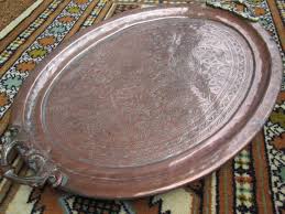 Antique oval solid copper art tray joseph asquith alexandra house halifax. Antique Persian Qajar Large Copper Engraved Oval Platter Serving Tray Handles 1831841823