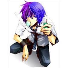 Anime Guy Sitting Knees Blue Purple Hair White Shirt Striped Tie Bubble Gum Blue Eyes Black Wristband Anime Boy Hair Anime Guys Anime