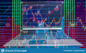 Double Exposure Computer On Table And Stock Chart As