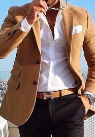 Don't make it part of your suit. Men S Tan Blazer White Long Sleeve Shirt Black Chinos White Pocket Square Blazer Outfits Men Smart Casual Menswear Fashion Suits For Men