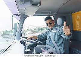 Professional truck driver to transport. Professional truck driver, adult  male asian wearing sunglasses smile and raise your | CanStock