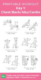 комплекс упражнений для похудения в тренажерном зале для женщин Day 1 Chest Back Abs Cardio My Custom Printable Workout By Workoutlabs Workoutlabs Customworkout Cardio15 Mi Plany Trenirovok Fitnes Uprazhneniya Trenirovki
