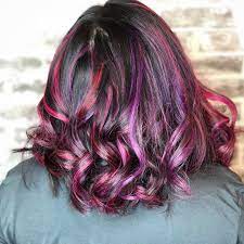 Asian Hair Purple Pink Red Highlights On Black Hair Purplehair Galaxyhair Multicolorhair Black Hair With Highlights Asian Hair Purple Hair Highlights