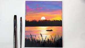 Painting a colorful sunset with palm tree leaves silhouette, using easy acrylic painting techniques. Colorful Sunset Easy Sunset Acrylic Painting Tutorial Step By Step Youtube