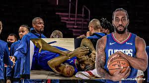 Kawhi leonard in a puddle of blood after injury. Clippers Video Kawhi Leonard Bloodied From Hard Elbow From Serge Ibaka