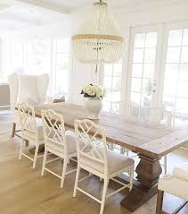 Warm White Wood Table Beaded Chandelier Farmhouse Dining Room Farmhouse Dining Dining Room Inspiration
