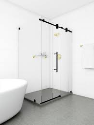 A simple and stylish design that works perfect for shower doors. White And Glass Modern Bathroom