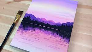 A pink, color of burnt grass, dark purple, delicate pink, eggplant, gentle orange, green, olive color, peach, pink and purple, purple, rich olive, sunset color, the color of the setting sun. Acrylic Sunset Forest Painting Tutorial For Beginners Purple Mountains Acrylic Painting Youtube