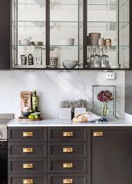 Dream Home Dark Gray And Brass Beautiful Home Glass Kitchen Cabinets Glass Kitchen Cabinet Doors Beautiful Kitchen Cabinets
