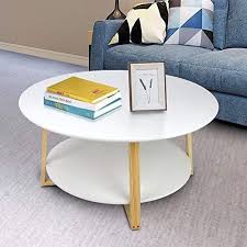 New Greensen Modern Round Coffee Table 2 Tier White Wood Side Table Storage Shelf Living Room Home Furniture Mdf Desktop Solid Wood Frame Online Shopping In 2020 Coffee Table Round