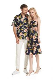 Premium Couple Matching Made In Hawaii Men Shirt And Women Elegant Ruffle Dress In Navy Pink Hawaiian Outfit Luau Outfits Matching Couple Outfits