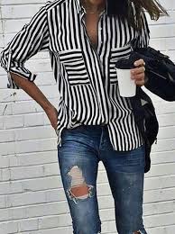 Black And White Striped Button Up Shirt Outfit White Navy Vertical Stripe Pockets Blouse Fashion Clothes Jeans Style