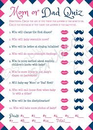 There is a very simple and printer friendly trivia quiz on this website with 5 simple questions and an answer key. Printable Baby Shower Game Mom Or Dad Trivia Navy Blue And Hot Pink Lips And Mustache Printable Baby Shower Games Baby Shower Printables Baby Boy Shower