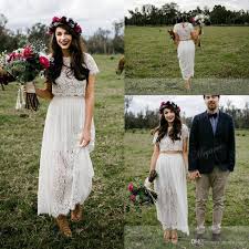 Vintage Retro Lace Two Pieces Short Boho Wedding Dresses With Sleeves 2018 Modest Jew Simple Wedding Dress Casual Wedding Gowns Cheaper Two Piece Wedding Dress