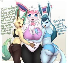 173474 - suggestive, artist:an-tonio, eeveelution, fictional species,  glaceon, leafeon, mammal, sylveon, anthro, nintendo, pokémon, 2022, arm  under breasts, bedroom eyes, belly grab, big breasts, black nose, blushing,  bottomwear, breasts, clothes ...