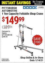 Harbor freight 1 ton foldable shop crane. Pittsburgh Automotive 1 Ton Capacity Foldable Shop Crane For 149 99 In 2021 Harbor Freight Tools Harbor Freight Coupon Foldables