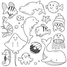 Sea Animals Doodle Line Art Ka Premium Vector Freepik Vector Agua In 2020 Cute Doodle Art Animal Doodles Art