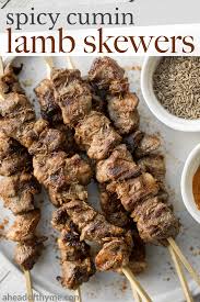 Combine all but meat and. Spicy Cumin Lamb Skewers Ahead Of Thyme