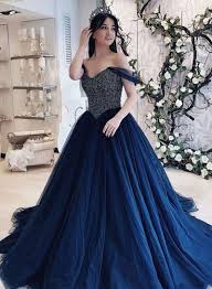 Dark Blue Tulle Beaded Off Shoulder Prom Dress Fashion Women Ball Gown Blue Evening Dress Blue Evening Dresses Prom Dresses Blue Prom Dresses Long Blue