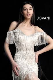 Be Fun And Flirty In The Jovani 61886 This Silver Beaded Fringe Cocktail Gown Has An Off The Shoulder Sle Beaded Dress Short Beaded Fringe Dress Short Dresses