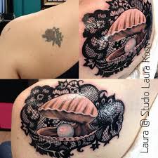 Lace And Seashell Coverup Tattoo From Studio Laura Koski Tattoos Cover Up Tattoo Shell Tattoos