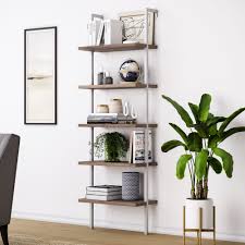 Nathan James Theo 5 Shelf Ladder Bookcase Natural Light Brown Wooden Shelf And White Metal Frame Walmart Com Ladder Bookcase Shelves Etagere Bookcase
