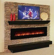 Custom stone wall made with wood, durarock, and air stone. Manhattan Mantel Shelf Custom Sizes Wall Mount Electric Fireplace Fireplace Wall Modern Flames