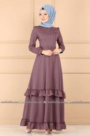 Modaselvim Elbise Etegi Firfirli Incili Elbise 9117w153 Gul Kurusu Model Baju Wanita Busana Islami Model Pakaian