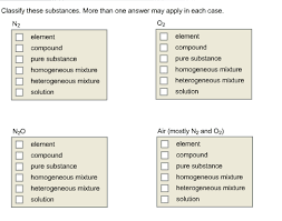 Knowing the difference between a mixture and a compound helps to understand the makeup of air. Oneclass Classify These Substances More Than One Answer May Apply In Each Case N 2 Element Compoun