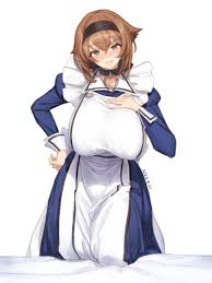 qingmingtongzi, mutsu (kancolle), roxanne (isekai meikyuu de harem wo), isekai  meikyuu de harem wo, kantai collection, absurdres, highres, 1girl, apron,  black hairband, blue dress, breasts, brown hair, collar, cosplay, dress,  flipped hair,