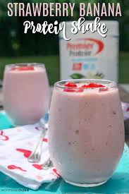 This Strawberry Banana Protein Shake Is Really Thick Creamy And Satisfying Without Added Su Banana Protein Shake Protein Powder Smoothie Protein Shake Recipes