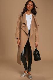 Lisa aiken wears a camel coat over white jeans and add print and colour with accessories. Sage The Label Hanna Camel Coat Open Front Coat Draped Coat Lulus
