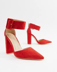 Cream round toe block heel ankle boots. Glamorous Rubber Buckle Block Heeled Court Shoes In Red Lyst