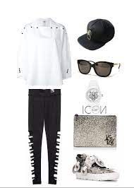 athleisure style pullover leggings silver sequins 白色套头衫黑色 纽扣细节装饰 夸张的撕裂紧身裤 全银色亮片的手包及高帮鞋 黑色大框墨镜及圆扣装饰帽子带来摇滚街头的味道 适合逛街 派对等场合 athleisure fashion polyvore