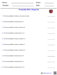 These factorization worksheets are great for practicing finding all of the prime factors contained in a number. Probability Single Die Worksheet